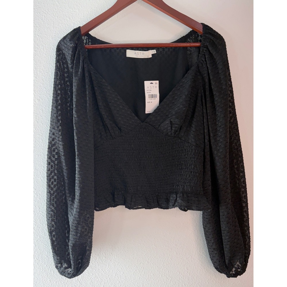 ASTR The Label Black Smocked Waist Peplum Crop Top Balloon Sleeves NWT M Grunge